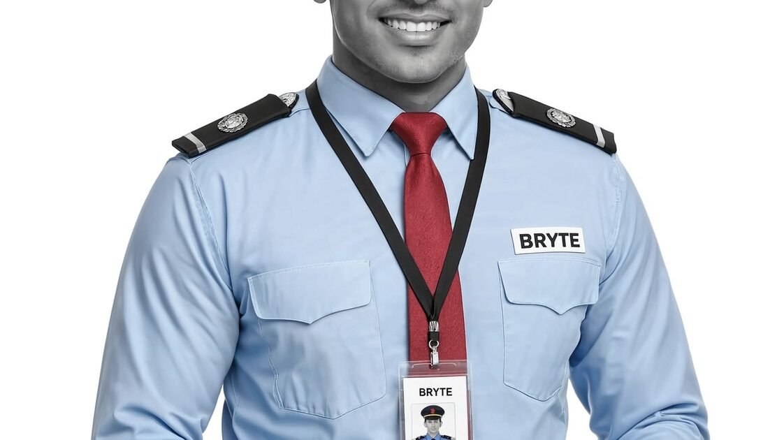 Bryte Guard Force uniformed security officer with ID badge