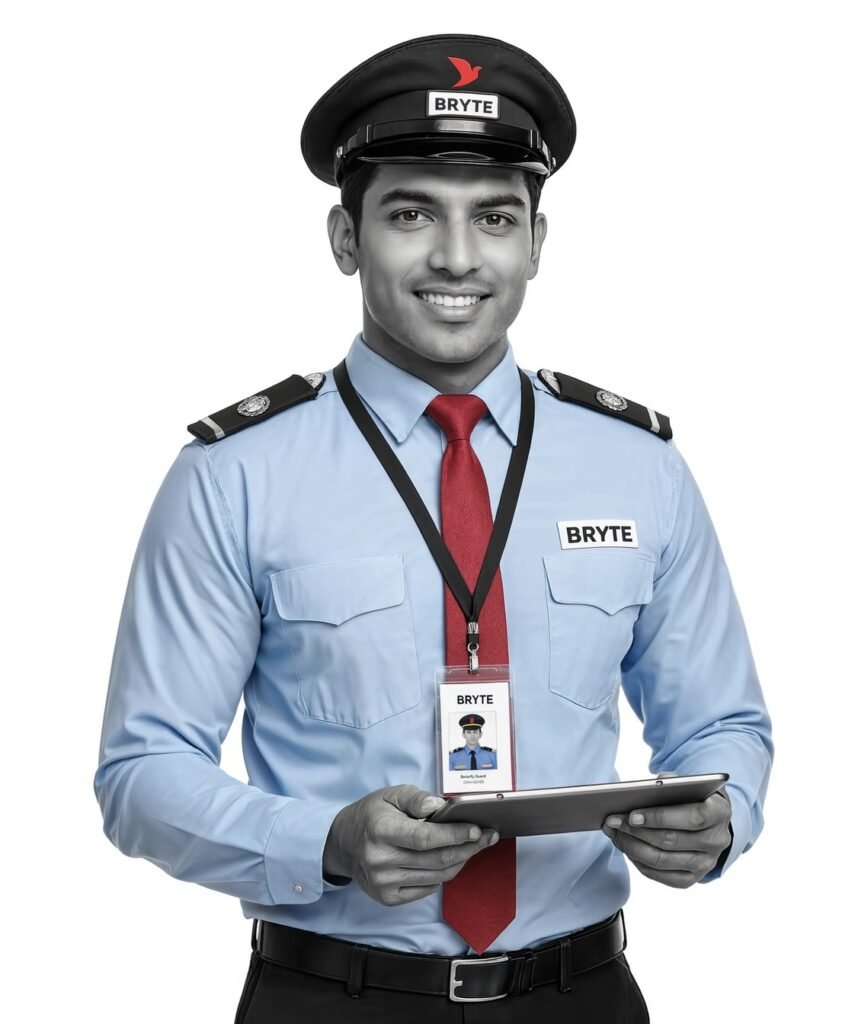 Bryte Guard Force uniformed security officer with ID badge