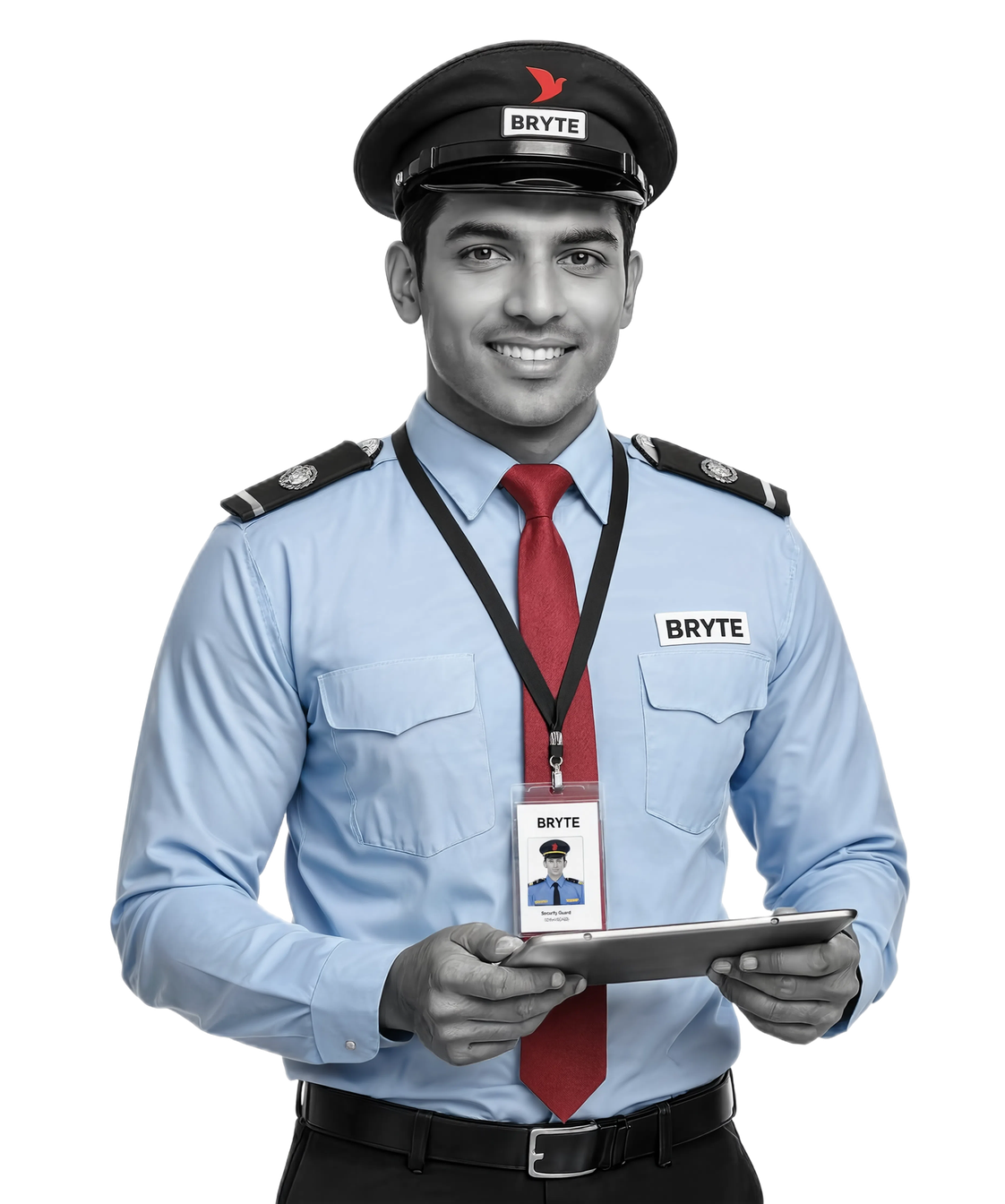 Bryte Guard Force uniformed security officer with tablet