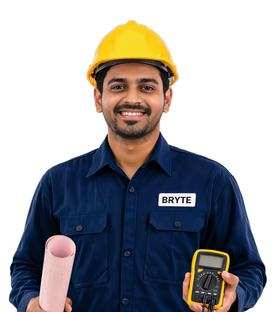 Bryte technical and engineering services technician in navy uniform with hard hat and multimeter
