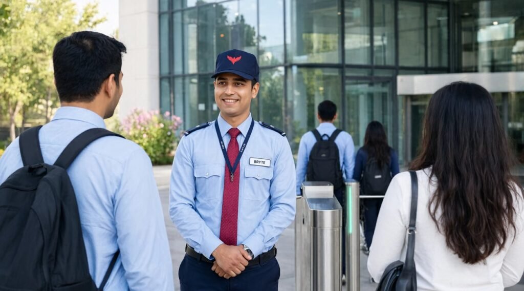 Bryte security professional on duty at a corporate business park in India