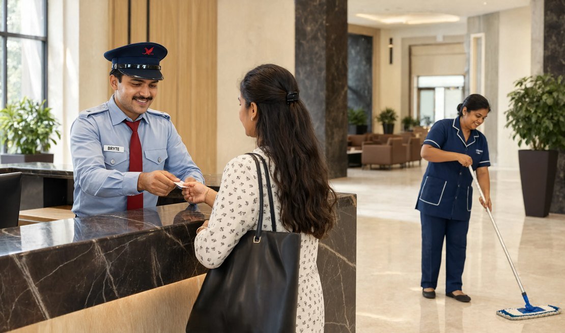 Bryte security professional on duty at a corporate business park in India
