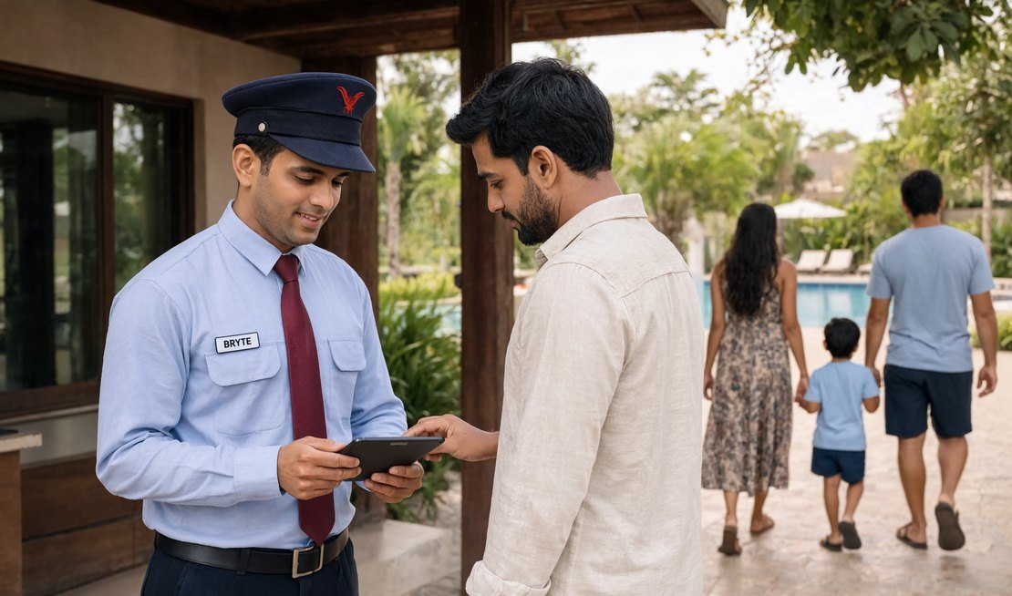 Bryte security professional on duty at a gated community in India