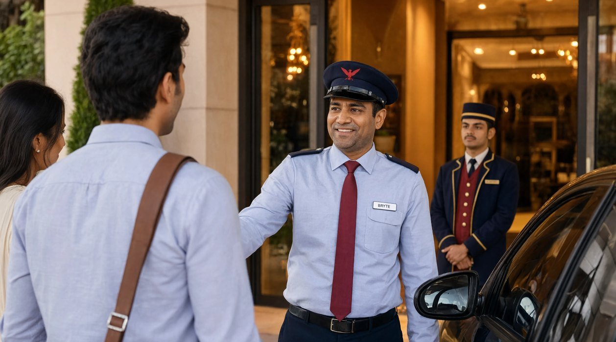 Bryte security professional on duty at a luxury hotel in India