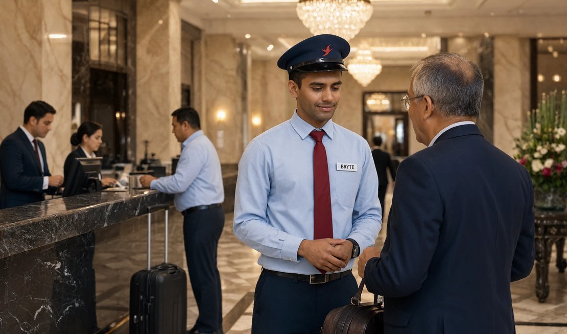 Bryte security professional on duty at a luxury hotel in India