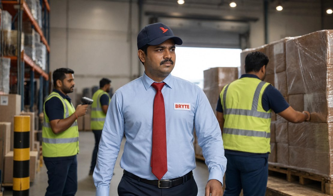 Bryte security professional on duty at a logistics park in India