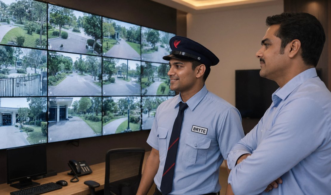 Bryte security professional on duty at a township development in India