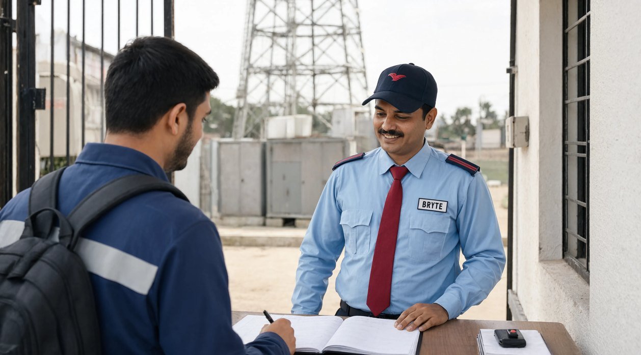 Bryte security professional on duty at a telecom facility in India