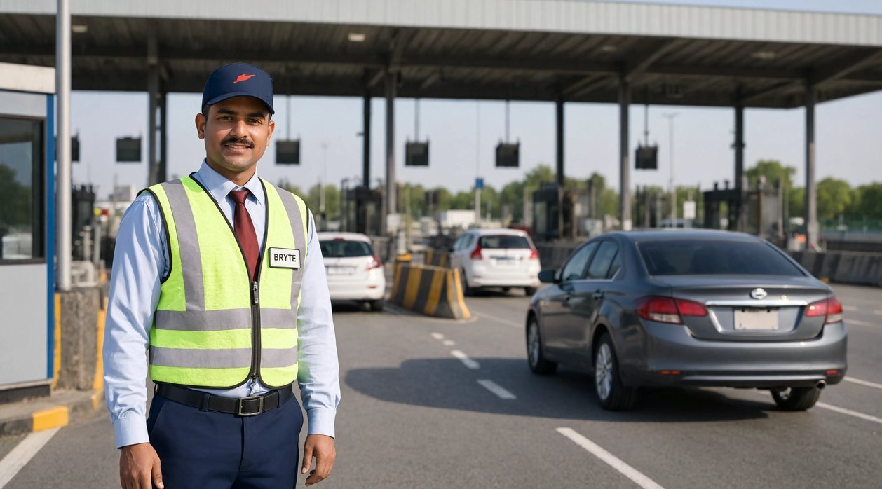 Bryte security professional on duty at a highway toll plaza in India