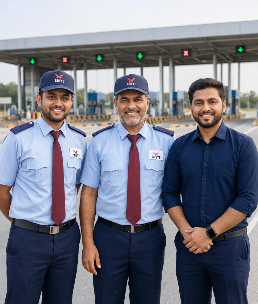Bryte security and facility team at a highway toll plaza in India