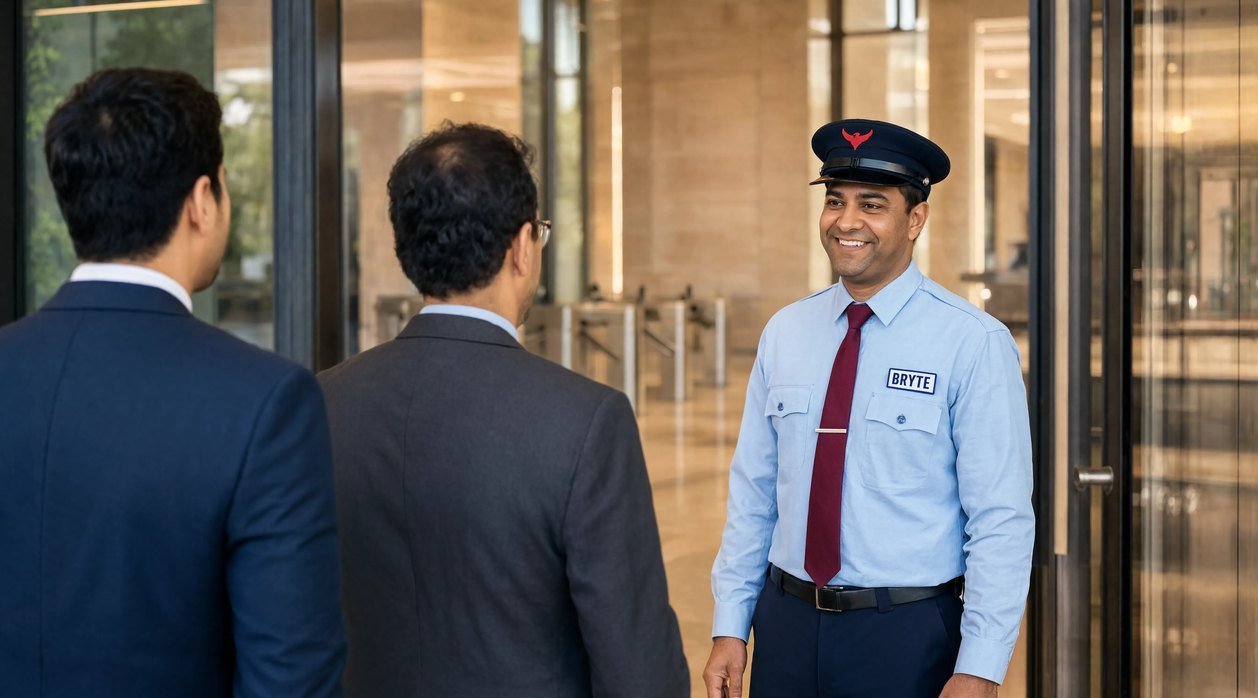 Bryte security professional on duty at a banking headquarters in India