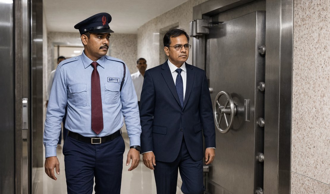 Bryte security professional on duty at a banking headquarters in India