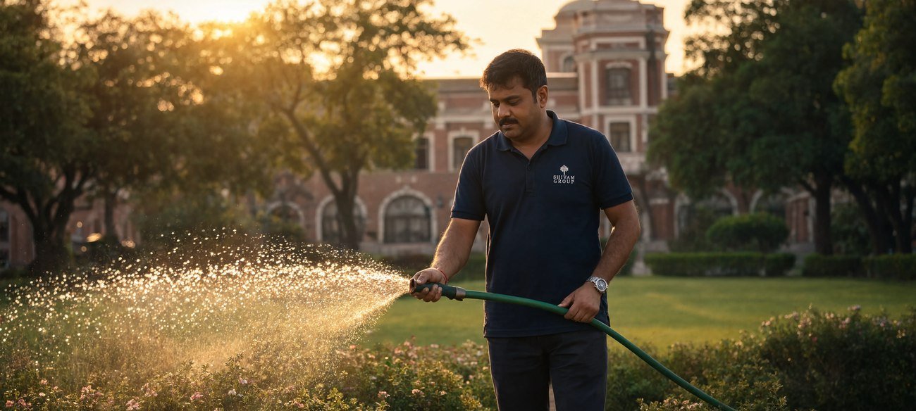 Bryte landscaping and grounds maintenance team at work in the evening