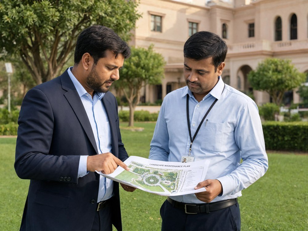 Bryte consultation with a client about landscaping and grounds maintenance