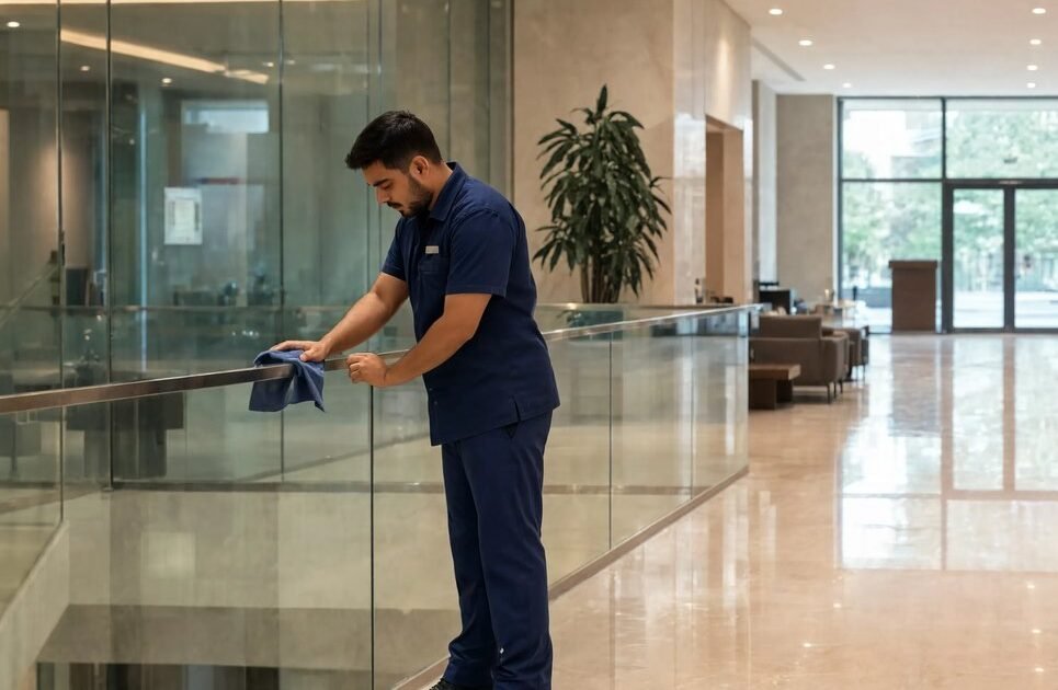Bryte facility staff maintaining a corporate lobby