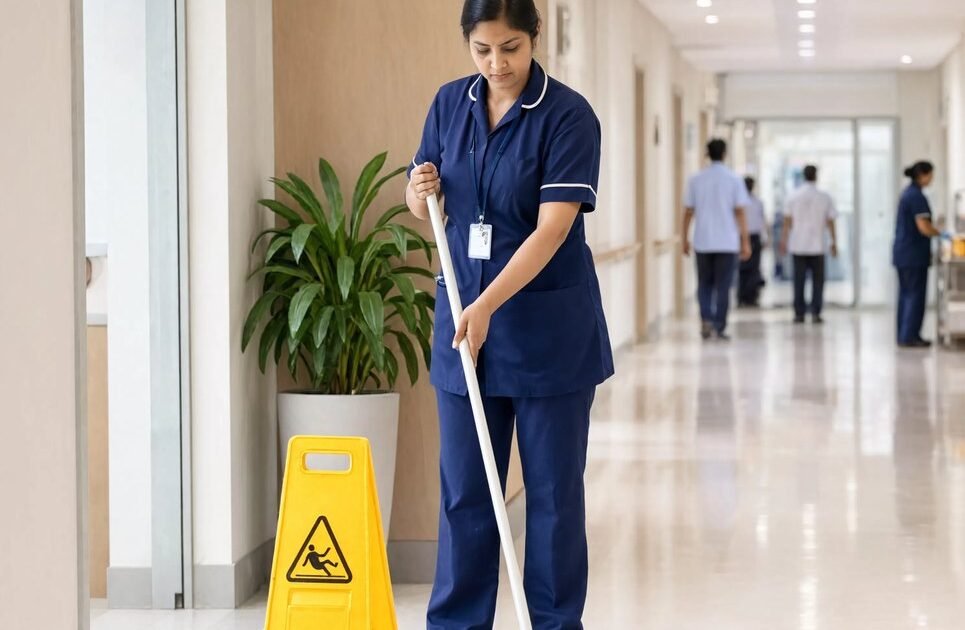 Bryte housekeeping staff cleaning a hospital corridor