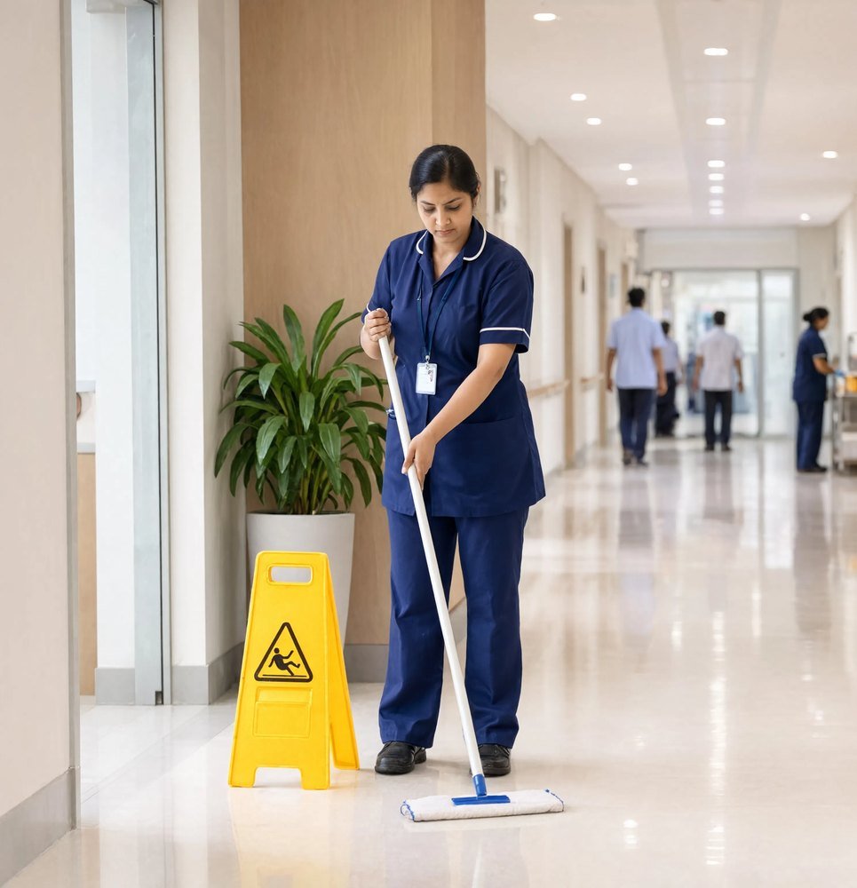 Bryte housekeeping staff cleaning a hospital corridor