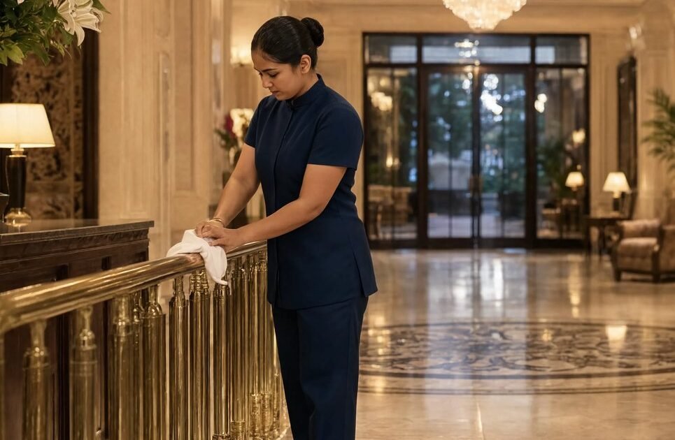 Bryte housekeeping staff polishing a hotel lobby rail