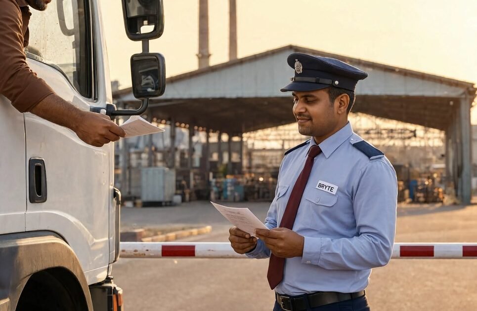 Bryte guard verifying truck documents at a plant gate
