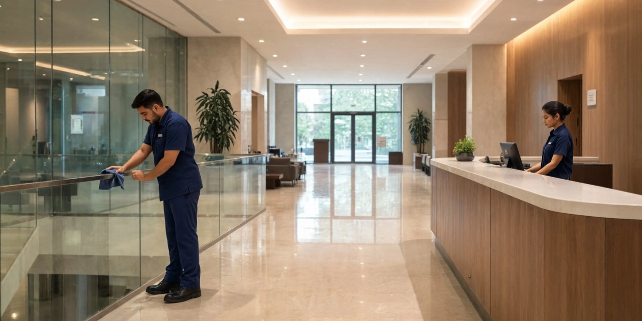 Bryte facility staff maintaining a corporate office lobby in Mumbai
