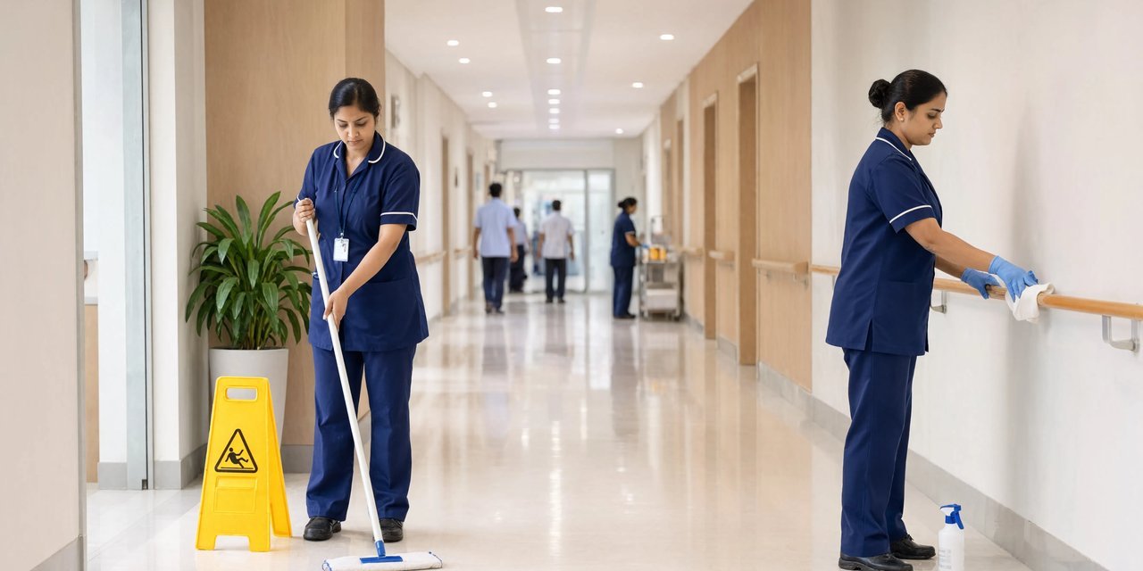 Bryte housekeeping staff sanitizing a hospital corridor at Jupiter Hospital Thane