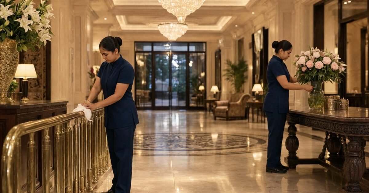 Bryte housekeeping team maintaining a luxury hotel lobby in Mumbai