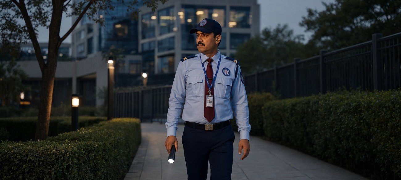 Bryte security guard on evening patrol at a residential complex