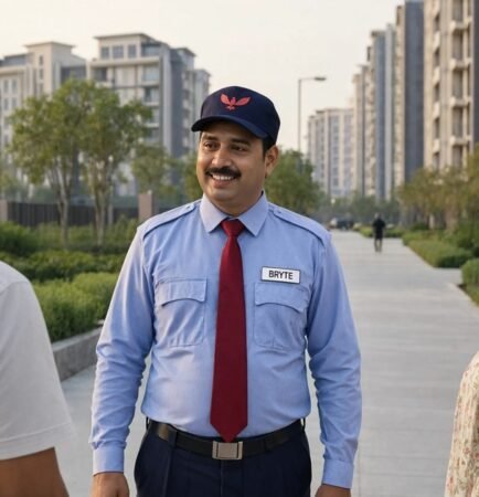 Security guard at the entrance of a residential housing society tower