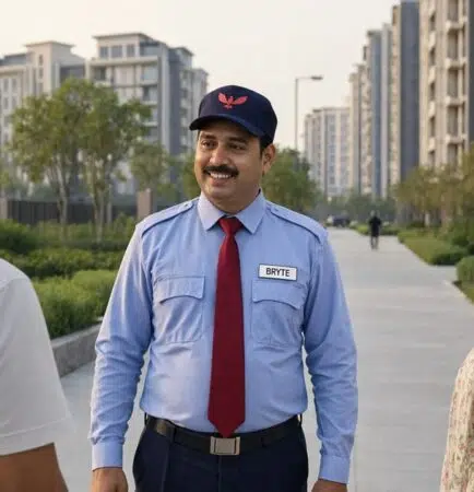 Security guard at the entrance of a residential housing society tower