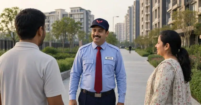 Security guard at the entrance of a residential housing society tower
