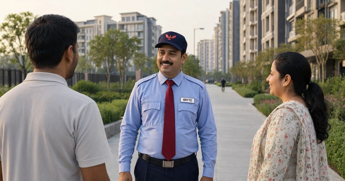 Security guard at the entrance of a residential housing society tower