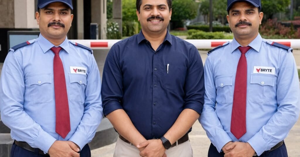 Security supervisor reviewing a site posting plan with a guard at a commercial building
