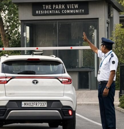 Security guard checking a visitor at the main gate of a housing society
