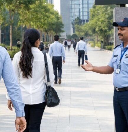Security guard managing vehicle and visitor entry at a commercial building gate