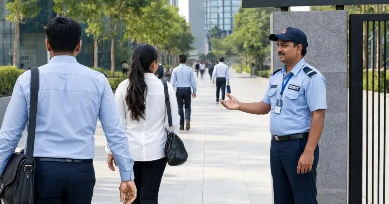 Security guard managing vehicle and visitor entry at a commercial building gate