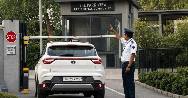 Security guard checking a visitor at the main gate of a housing society