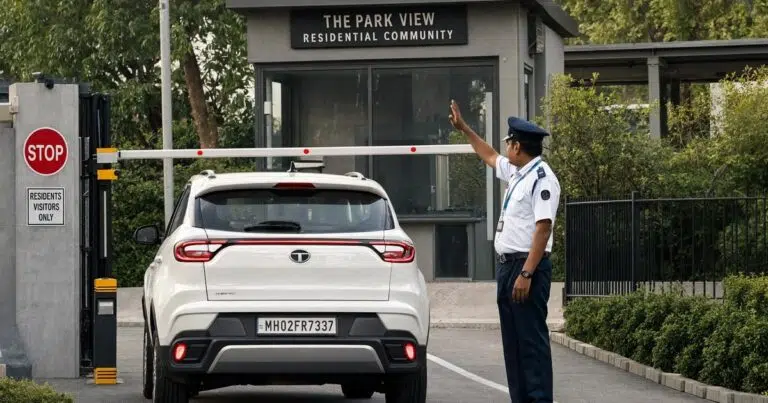 Security guard checking a visitor at the main gate of a housing society